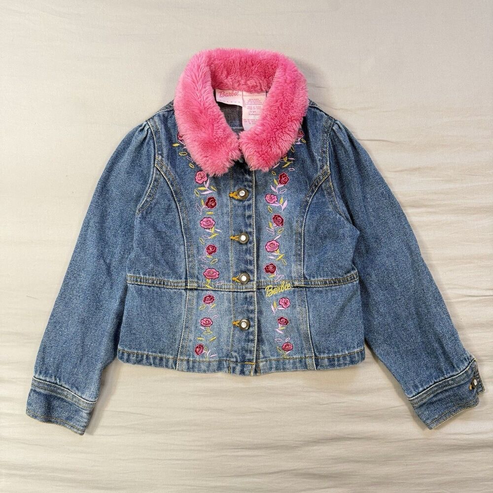Vintage Barbie Blue Denim Jacket Girl 6X Pink Sherpa Faux Fur Collar Embroidered